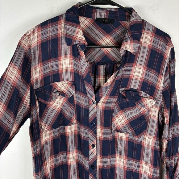 Plaid Top Womens Large Shirt Button Up Roll Tab Light Blue Red Western Boho - Picture 3 of 7
